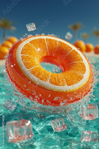 Refreshing 3D orange slice pool float splashing in clear blue water with ice cubes, ideal for summer vacation concepts