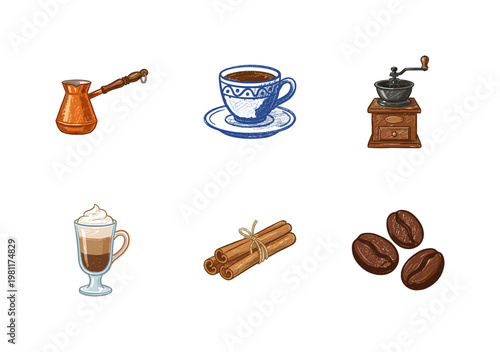 Coffee Shop Essentials and Barista Equipment with Fluid Crayon Pencil Texture and Crayon Colorful Style