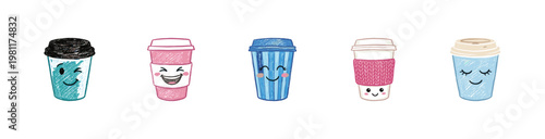 Kawaii Coffee Cups and Takeaway Drink Containers with Cute Faces in Colorful Crayony Brush Style and Saturated Pastel Colors