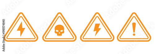 Warning triangle icons vector set, electric hazard, toxic skull and caution symbols, collection for industrial risk, workplace safety and emergency alerts. high voltage warning sign icons