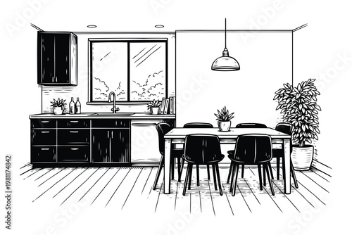 Modern kitchen and dining area sketch with stylish black furniture and plants Vector
