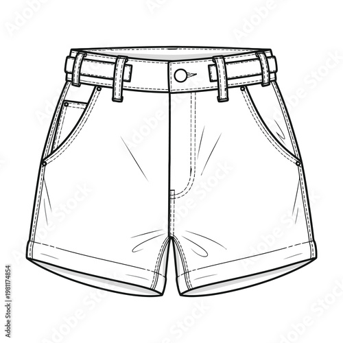 Fashion Sketch of Women Denim Shorts with High Waist and Belt Loops for Apparel Design Template