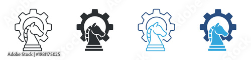 Strategy Planning Icon Set, Business Tactics and Decision Making, Chess Knight Icons, Vector Illustration