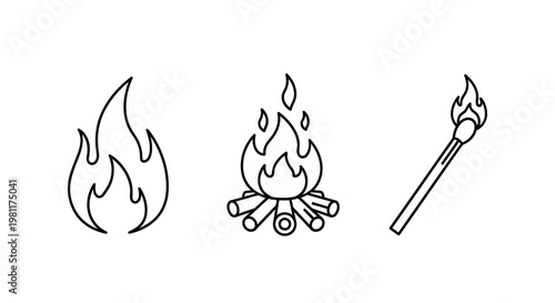 Line art depictions of flames campfire and match a black silhouette