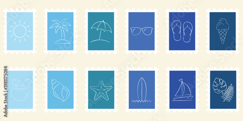Summer Postage Stamp Icon Set – Blue Vintage Stamps with Sun, Palm Tree, Beach Umbrella, Sunglasses, Flip Flops, Ice Cream, Coconut, Starfish, Surfboard, Sailboat