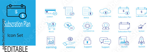  Subcration plan icon set,could ,account ,launch etc on white bckground