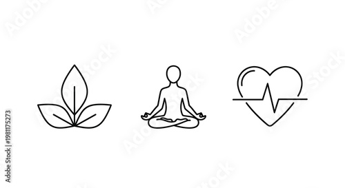 Minimalist icons depicting wellness leaf meditation and heart silhouette