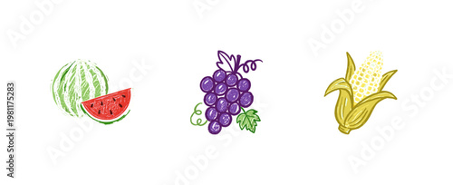 Fresh Garden Vegetables and Summer Fruits with Fluid Crayon Pencil Texture and Crayon Colorful Style