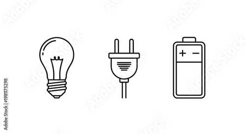 Energy sources bulb plug and battery in linear style silhouette