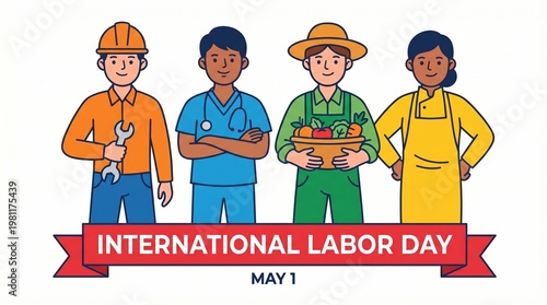 A smiling collection of cartoon construction workers and diverse people characters including a plumber, builder, and carpenter standing with tools in this vector illustration set of occupations