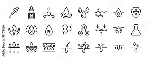 Skincare and Dermatology Line Icons Set Vector, Cosmetic Packaging Symbols Collection Featuring Serum Dropper, Molecular Structure, Hydration Drops, SPF Sun Protection, Pore Care, Skin Layers, Face Ma