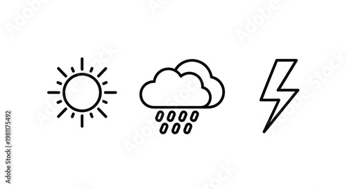 Simple weather icons depicting sun rain and lightning silhouette