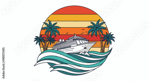 Vibrant retro illustration of a cruise ship on ocean waves with tropical palm trees and striped sunset, ideal for summer vacation and travel