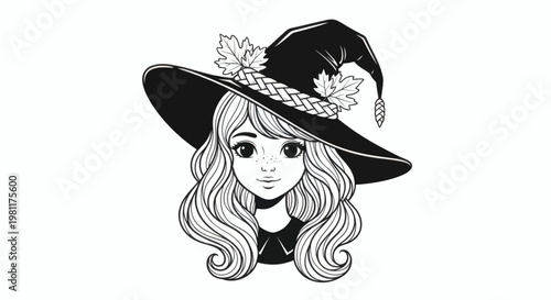 Anime Style Witch with Autumn Leaves on Her Hat, Black and White Illustration