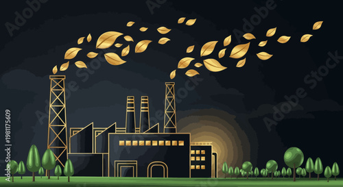 Industrial factory emitting golden leaves into the night sky, representing eco-friendly production and sustainable energy