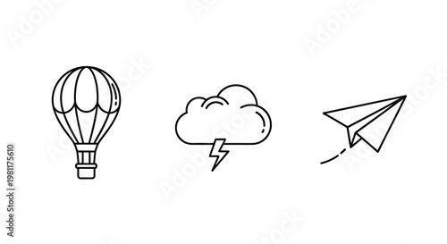 Hot air balloon cloud with lightning and paper airplane silhouette