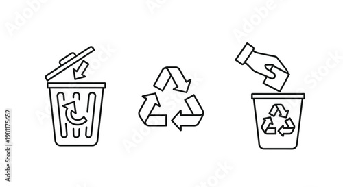 Recycling process icons depicting waste disposal and reuse silhouette