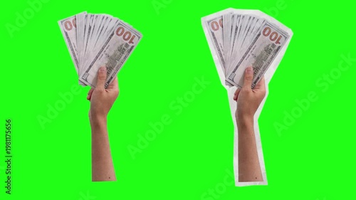 Contemporary art collage of hands raising stacks of cash dollars on green screen,success and wealth concept, graphic motion collage art element , 4K animation.