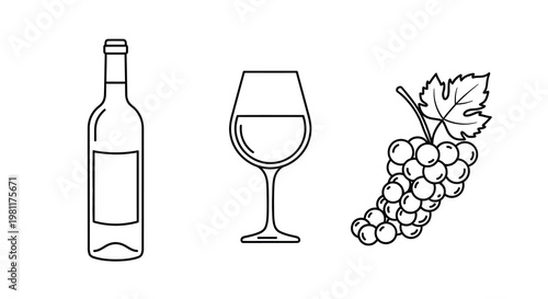 Wine bottle glass and grapes depicted in a minimalist silhouette