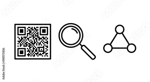 Qr code magnifying glass and connected nodes in black silhouette