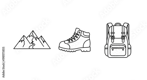 Mountain range hiking boot and backpack in simple line art silhouette