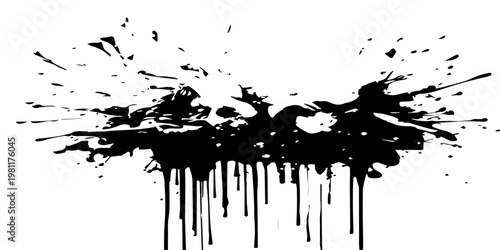 A dirty black ink splat vector creates an abstract grunge background with paint splatter textures, featuring artistic spray drips and liquid stain elements for a silhouette frame design.