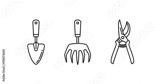 Gardening tools arranged in a simple linear silhouette