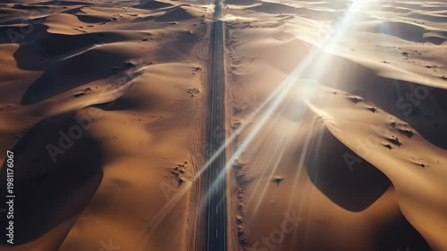 Aerial View of Desert Road with Sunlight Reflection and Sand Dunes.