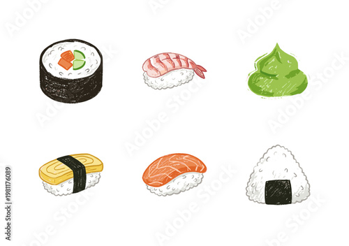 Japanese Sushi and Seafood Cuisine Delicacies with Colorful Crayony Brush Strokes and Kawaii Character Aesthetic