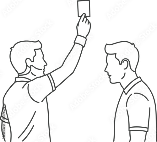 Line drawing of a sports referee holding up a penalty card to a player during a match.