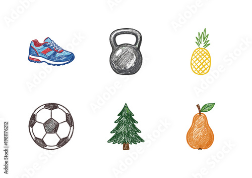 Healthy Lifestyle Fitness and Organic Nutrition Elements with Colorful Crayony Pencil Texture and Fluid Calligraphic Strokes