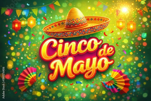 Cinco de mayo celebration banner with sombrero, papel picado, confetti and bright lights.