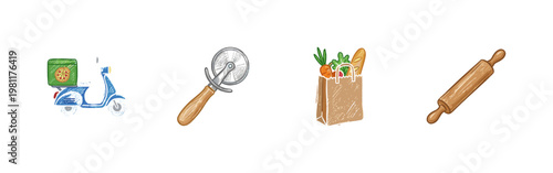 Italian Pizza Cuisine and Food Delivery Elements with Fluid Crayon Pencil Texture and Crayon Colorful Style