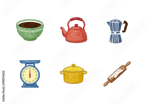 Kitchen Utensils and Home Cooking Equipment Collection in Colorful Crayony Colorful Style with Fluid Pencil Texture