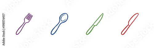 Kitchen Cutlery and Dining Silverware Utensils in Colorful Crayony Pencil Texture Style with Textured Colorful Outlines and Expressive Hatching