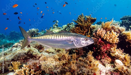 Silver fish swimming near coral reefs amongst many small fish in a bright, clear ocean landscape