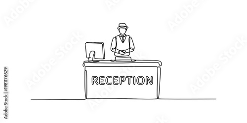 A continuous line drawing of a receptionist standing behind a desk in a professional office set Vector, illustration
