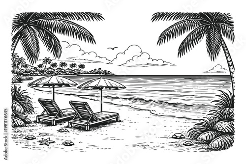 Tranquil beachside retreat with loungers and swaying palm trees by the ocean Vector
