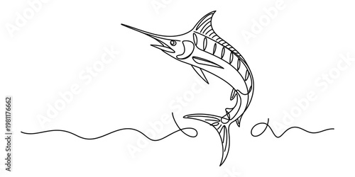 Minimalist continuous line drawing of a majestic marlin fish jumping gracefully above the ocean Vector, illustration