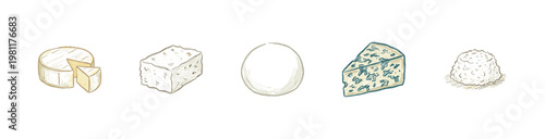 Gourmet Cheese Varieties and Dairy Products with Inky Brush Strokes in Crayon Colorful Style