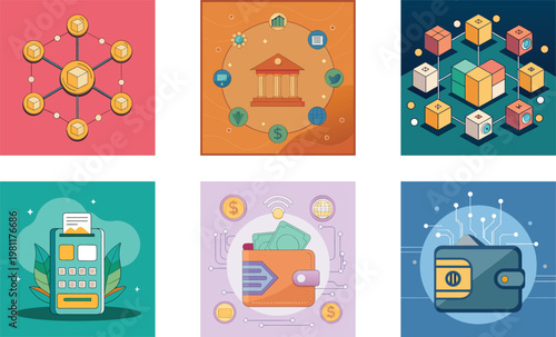 Modern financial technology and mobile payment interface icons with digital wallet symbols.