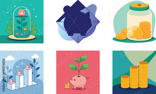 Piggy bank in a jar and plant with growing money charts on transparent background.