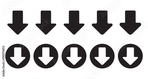 Clean vector down arrow symbols for interface navigation and directional guidance systems.