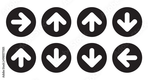 Eight white arrow icons within black circles pointing different directions on white background.