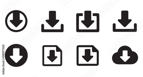 Download file icons and cloud storage symbols for data transfer and mobile application design.