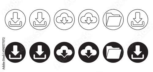 Download and file storage icons with cloud and folder graphics for data management systems.