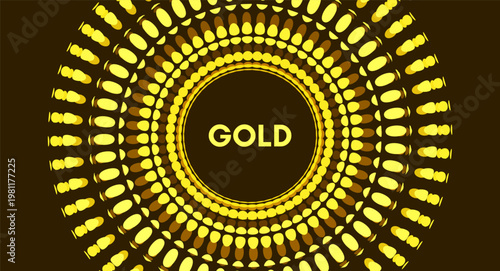 Circular volumetric layers of glowing golden circles. Pulsating energy. Funnel or tunnel. Dynamic particles. Technological style. Vector for brochure, poster, cover, presentation, etc.