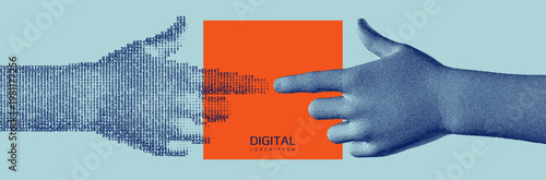 The index fingers of both hands reach toward each other. The concept of relationships, unity, partnership, or contact. Cascading digital code matrix. Artificial intelligence and cognition. Contact.