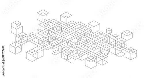 Abstract wireframe isometric grid of interconnected cubes and lines forming a complex network structure.