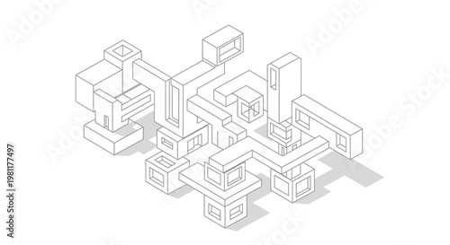 Abstract isometric line art rendering of a complex geometric structure with interconnected blocks and subtle shadows, showcasing intricate design.